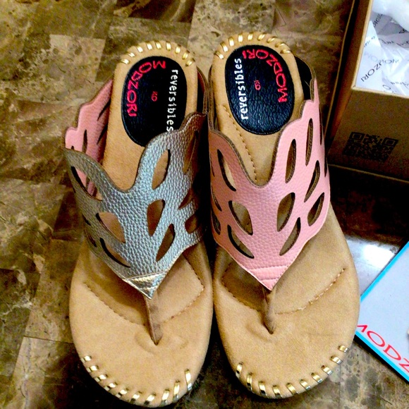 Modzori Shoes - Modzori Troya 2-in-1 Reversible Wedge Slide Blush/Tan Metallic Size 9
